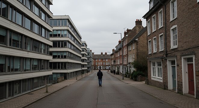 A lone figure walks down a quiet street, flanked by modern and historic buildings, under a muted sky. - Powered by Adobe