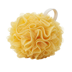 Yellow mesh bath sponge with hanging loop
