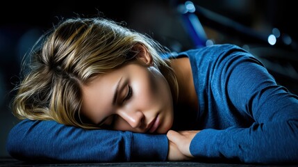Woman resting her head on her arm with closed eyes, appearing tired or contemplative in a dark setting