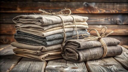 Natural linen fabric folds and rolls are stacked and tied with twine on a rustic wooden table providing a warm, cozy textile feeling.