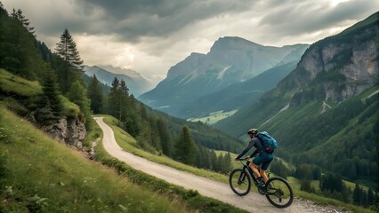 Obraz premium A Man Cycling In The Mountain, Ai Generated Illustration