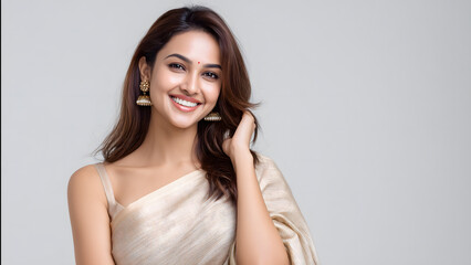 Elegant Indian woman in saree posing against grey background. Fashion and tradition concept