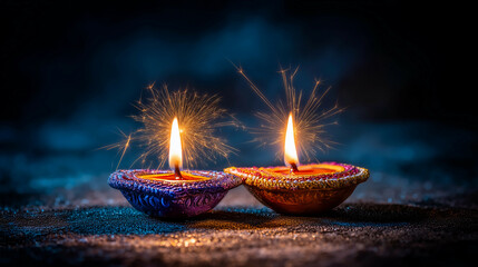 a group of small candles with a sparkler in the background of them on a table with a blurry background