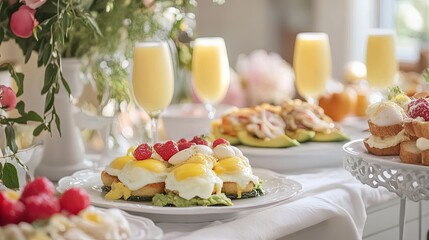 Gourmet brunch spread with eggs benedict, avocado toast, and mimosas.