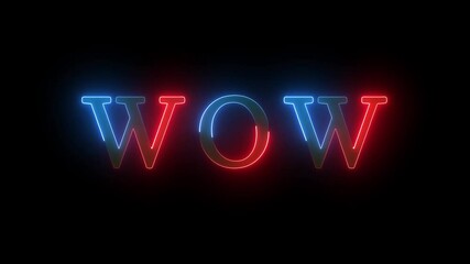 Glowing neon lines WOW text saber animation on black background. Neon luxury wow text animation.