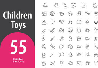 Children Toys Line Icons, Teddy Bear, Puzzle, Ball, Building Blocks, Toy Car, Editable Formats: AI, EPS, JPG, PNG, Ideal for Both Digital and Print Use
