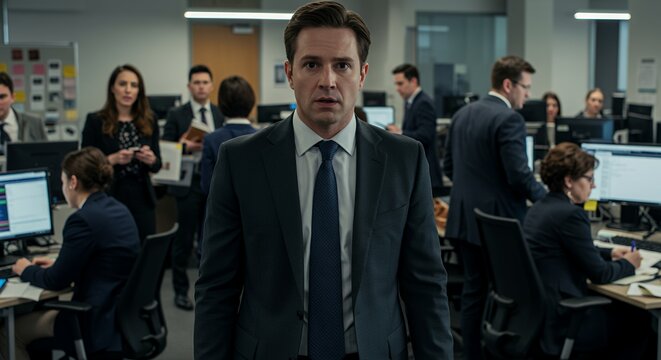 A pensive businessman stands amidst a bustling office, his serious expression reflecting the pressures of the corporate world.