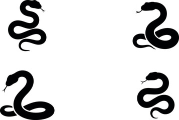 Snake silhouette icon set in black with coiled venomous reptile poses
