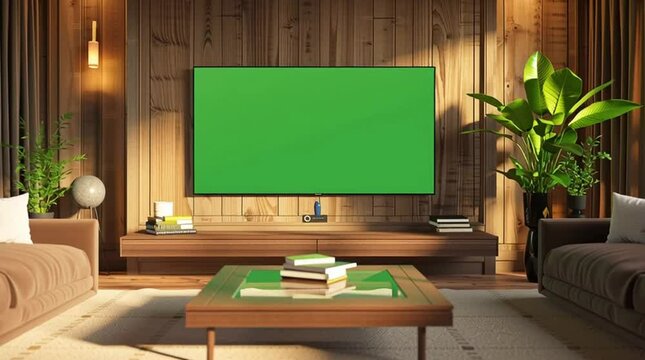 Bright modern living room with green screen TV, indoor plants, and sunlight through large windows.