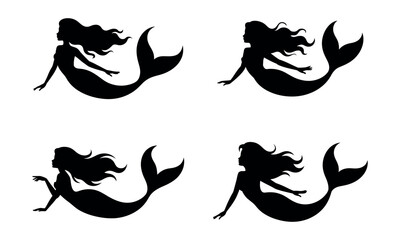 Fototapeta premium Mermaid silhouette collection in black with tails and fantasy ocean theme 
