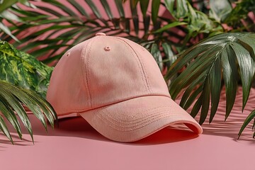 Vibrant peach cap with palm leaves on pink backdrop  
