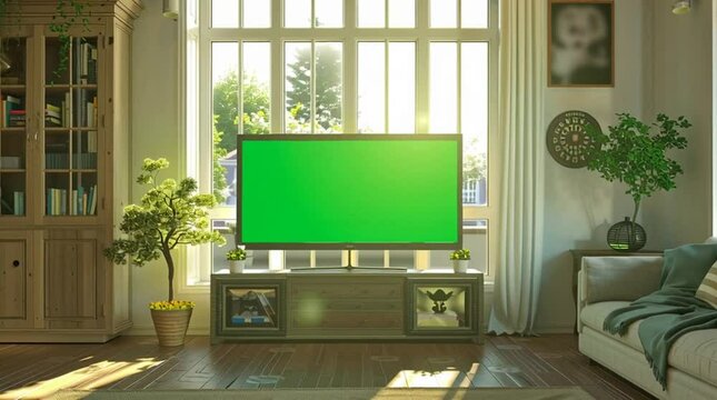 Bright modern living room with green screen TV, indoor plants, and sunlight through large windows.