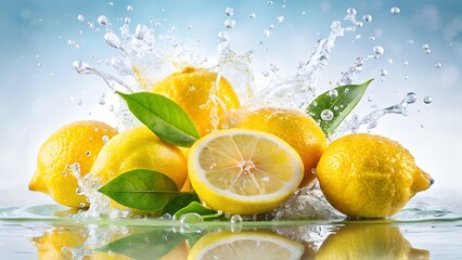 Fresh lemons splash in water presenting citrus fruits and vibrant green leaves against a bright background.