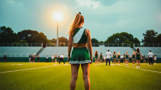 Focused Cheerleader on Field - Back View, A female cheerleader stands on a sports field, viewed from behind, demonstrating concentration and athleticism.