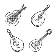 line art of portuguese guitar played by fado music set bundle on the white background