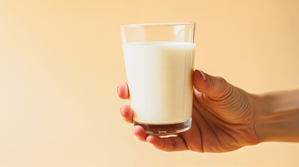 Hand Holding Glass of Milk - Simple Refreshment, Close-up image of a hand gently holding a glass filled with milk against a soft orange background.