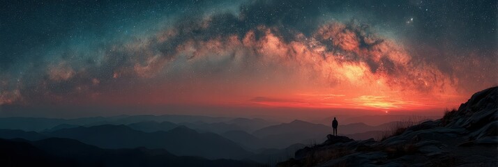 Stunning night sky view with stars, clouds, and a silhouette standing on a mountain at sunset
