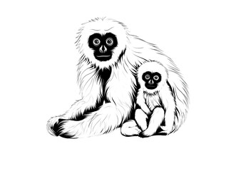 Painting of a mother gibbon and her baby