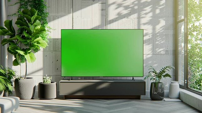 Bright modern living room with green screen TV, indoor plants, and sunlight through large windows.