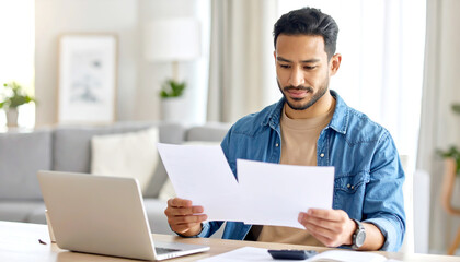 Mann bei der Arbeit, Homeoffice, schaut Papiere an 