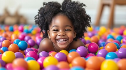 Adorable little girl having fun, laughing and playing in a colorful ball pit