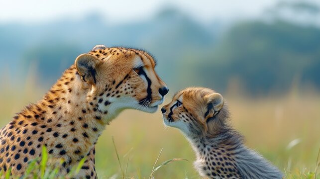 Cheetah mother and cub face each other tenderly in grass