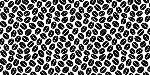 Seamless vector pattern of black coffee beans on white background, with hand-drawn texture and rough grunge style. Ideal for coffee branding, packaging, backgrounds, or cafe-themed design.