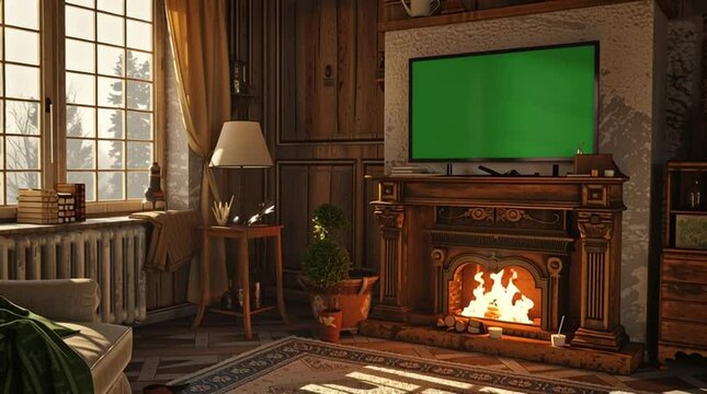 Bright modern living room with green screen TV, indoor plants, and sunlight through large windows.