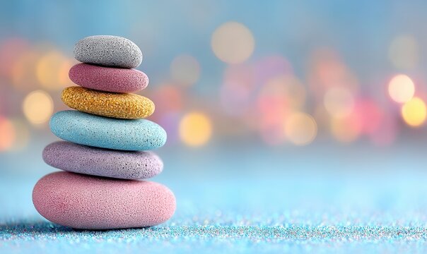 Stack of colorful balancing zen stones against a bokeh background in bright and pastel colors to convey a sense of relaxation