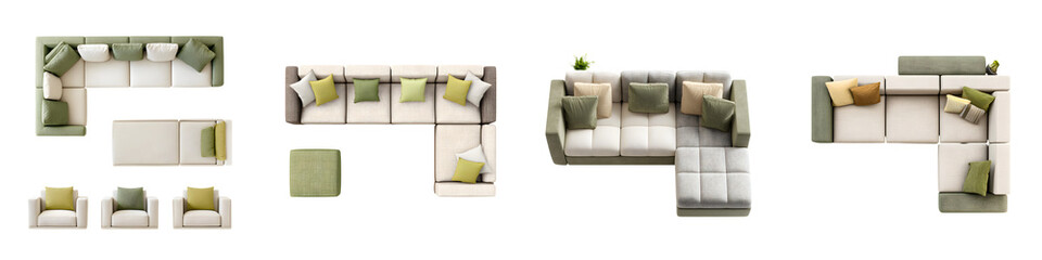 Top View of Modern Sectional Sofa Collection Isolated on White