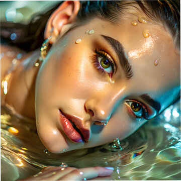 Close-Up Portrait of Woman with Glowing Skin and Water droplets on her face , glowing Light Effects