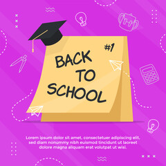 Back to school social media post on small note paper with a mortarboard on one of its corners. Back to school note on purple background