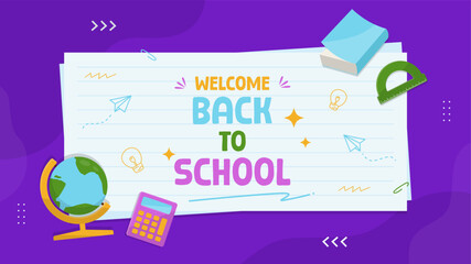 Welcome back to school greeting on purple background with paper and stationery. Back to school horizontal background template