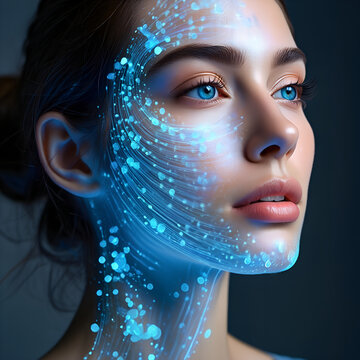 Woman with digital skin and holographic particles, Digital Portrait of Woman with Holographic Skin and Light Particles