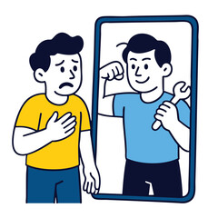 Self improvement concept with person looking at confident reflection in mirror