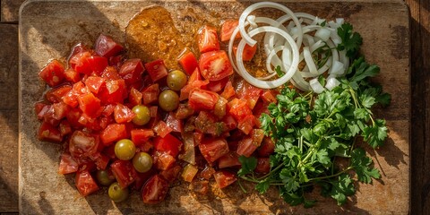 Fototapeta premium A wooden board displaying a vibrant mix of diced tomatoes, onions, olives, and fresh parsley sprigs
