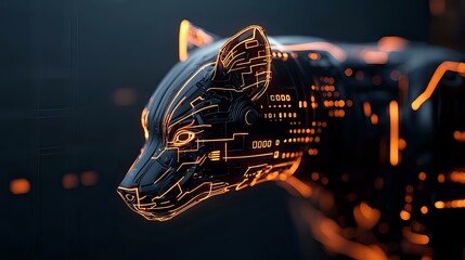 Futuristic wolf head with glowing orange circuit patterns and digital elements on dark background, cyberpunk style animal concept art for gaming and tech design.