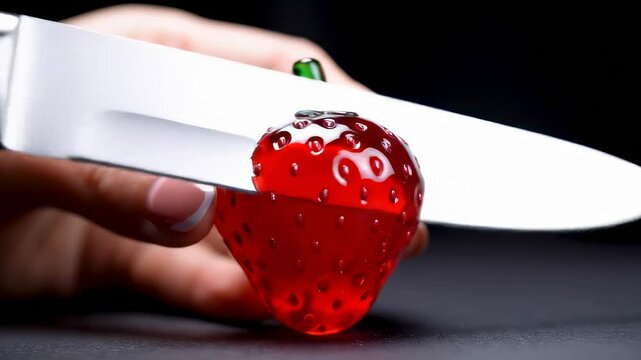Crystal strawberry fruit carving concept. Glass red berry slicing ASMR visual therapy style. Relaxation decor sensory art. Minimal black background macro video 