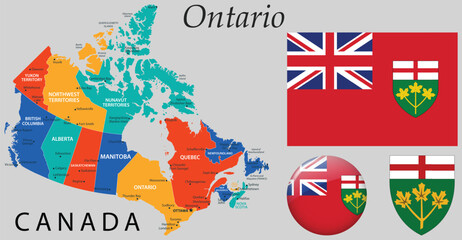 Vector of Ontario coat of arms, provincial flag, and map. Ideal for Canadian-themed designs, education, government use, and regional branding.