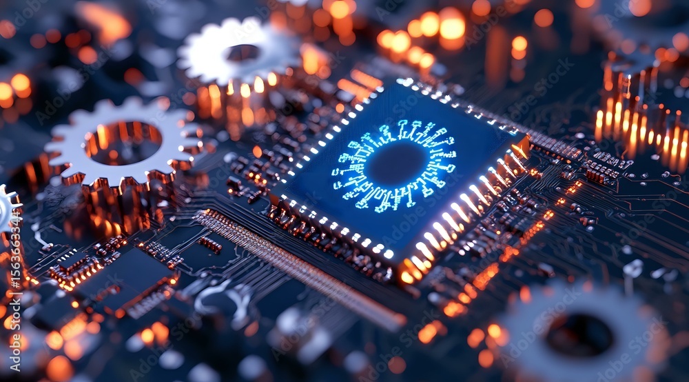 Poster glowing blue circular pattern on computer processor with mechanical gears and circuit board componen