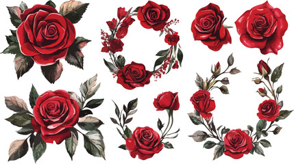 Elegant Watercolor Red Rose Floral Arrangements and Wreaths for Valentine s Day or Wedding Invitations