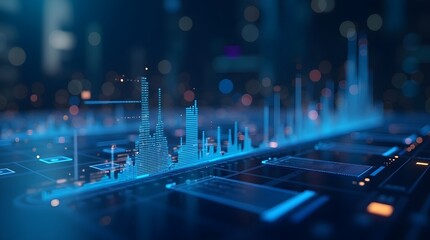 Abstract Futuristic Cityscape: Digital Data Visualization, Blue Neon Glow, Technological Innovation