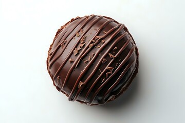 Dark chocolate truffle with elegant striped pattern decoration on white background, luxury confectionery dessert isolated for commercial food photography.