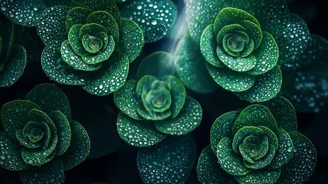 Dark succulent rosettes with water droplets sparkle against a dark backdrop