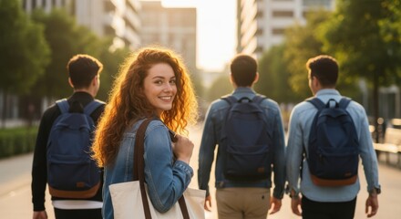 Young woman smiling as she walks with friends on a sunny day