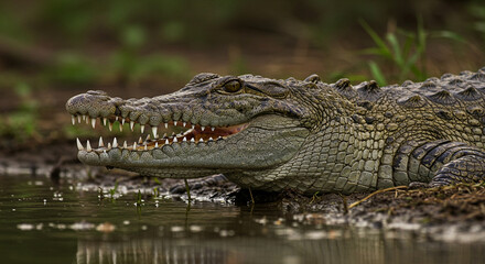 Fototapeta premium A crocodile lurking at the water’s edge with sharp teeth exposed