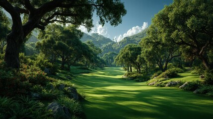 Obraz premium Lush golf course landscape with hills and trees under a clear sky during daytime in a serene natural setting