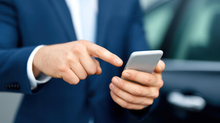 Man in blue suit using smartphone near car door, showing focus and engagement with technology