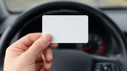Blank card held by hand inside car with steering wheel and dashboard in background