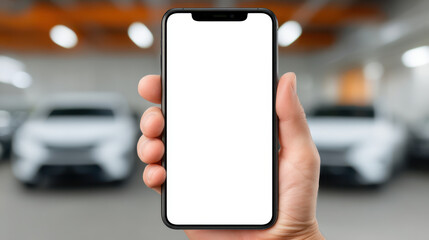 Smartphone with blank screen held in hand, blurred car showroom background, modern technology concept